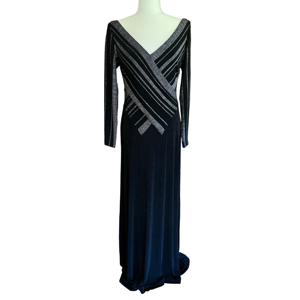 VTG Tadashi V-Neck Metallic Stripe Formal Event 12 Gown Black USA-Made Art Deco